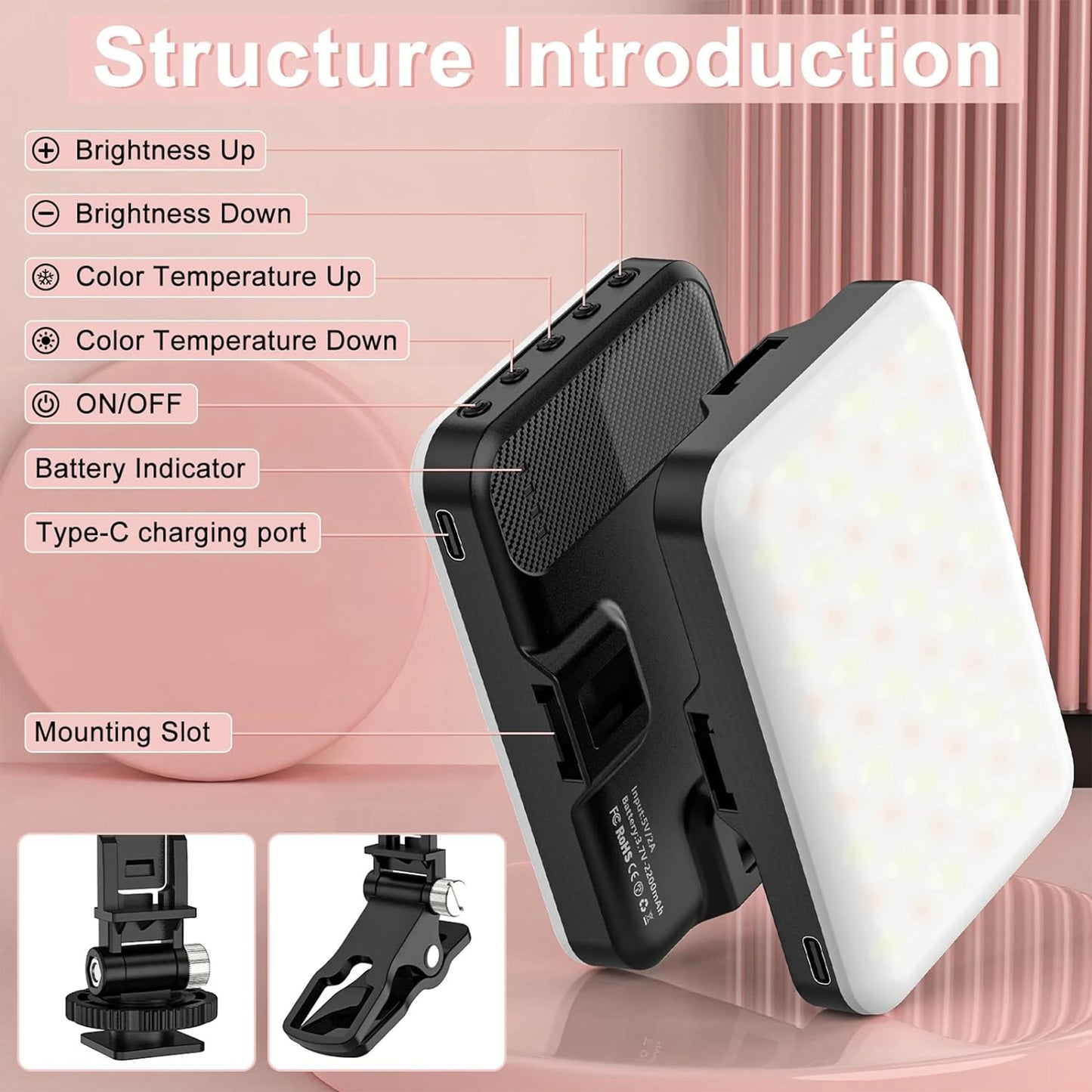 LED Selfie Light 60 High Power Rechargeable Clip Fill Video Light  for Phone iPad with Front & Back Clip Adjusted 3 Light Modes