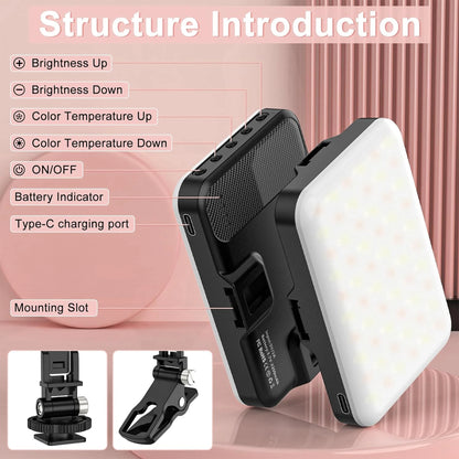LED Selfie Light 60 High Power Rechargeable Clip Fill Video Light  for Phone iPad with Front & Back Clip Adjusted 3 Light Modes