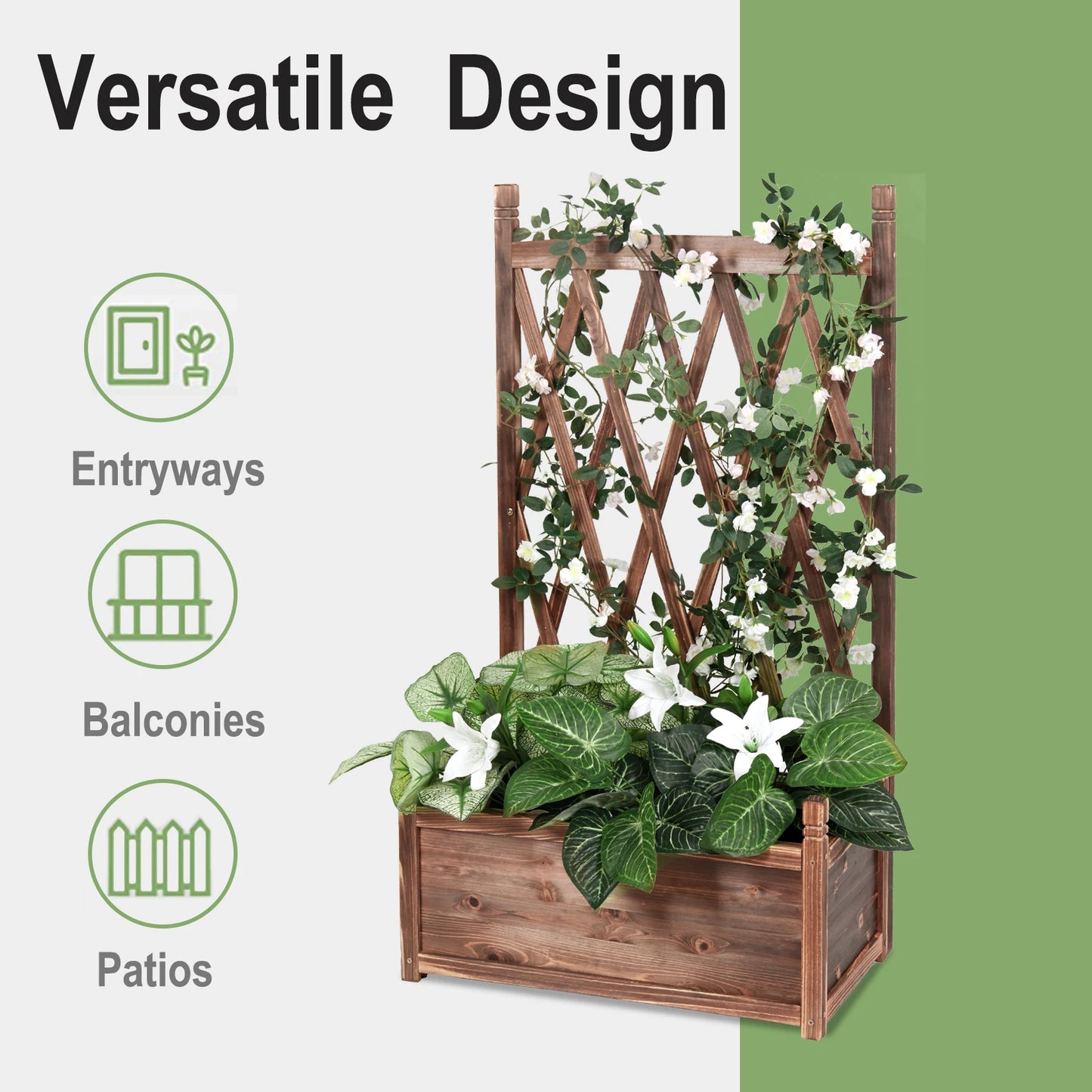 Raised Garden Bed, Wooden Planter Box with Trellis, Vegetable Grow Bed, Support Patio Lattice
