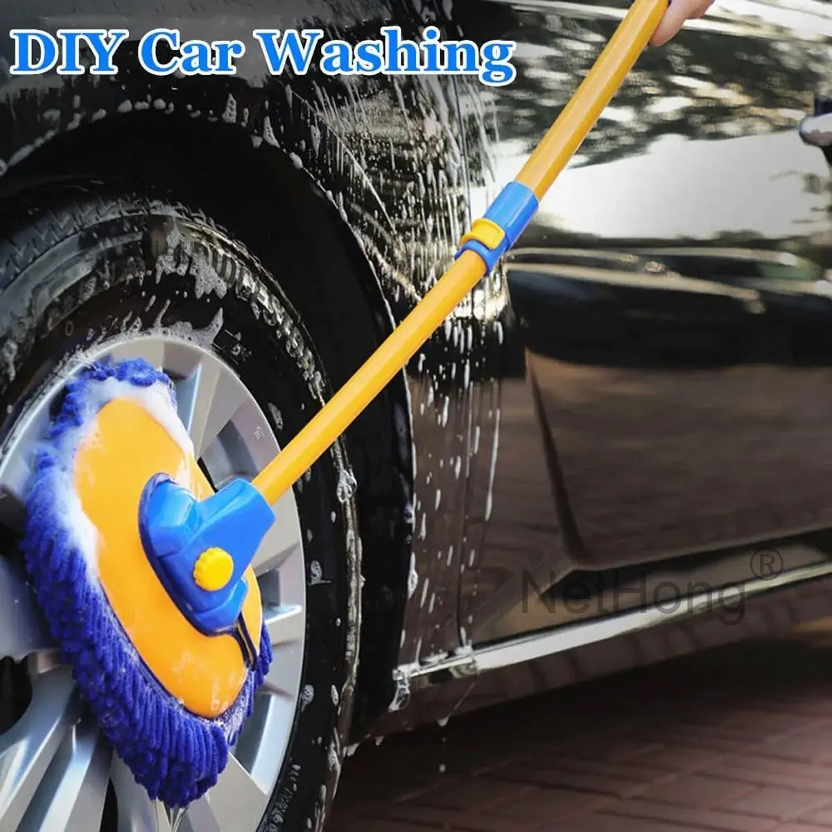 Adjustable Curved Car Wash Brush With Soft Bristles Vehicle Cleaning Rod & Mop