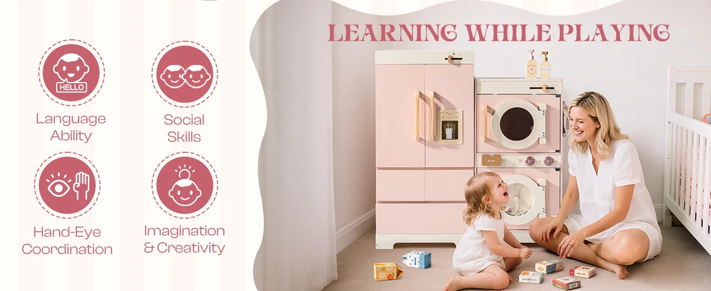 Robotime Robud Kids Corner Kitchen Playset Wooden Play Kitchen Set with Realistic Sound Pretend Play Gift for Boys Girls Pink