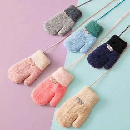 Anti Cold Warm Ski Gloves Kids Thicken Velvet Hanging Neck Mittens 1-4year Boy Girl Plush Hand Covers Children Woolen Knit Glove