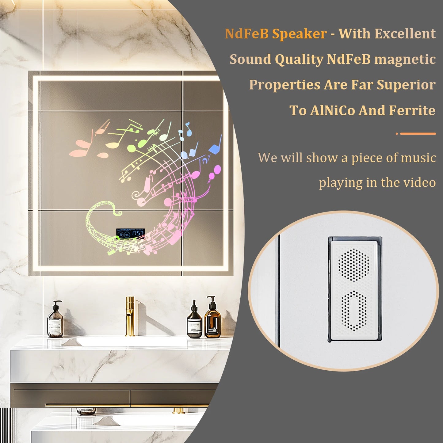 Dual Lighted Bluetooth Music LED Bathroom Mirror Touch Antifog Wall Vanity Mirror 3 Colors Adjustable Round/Square