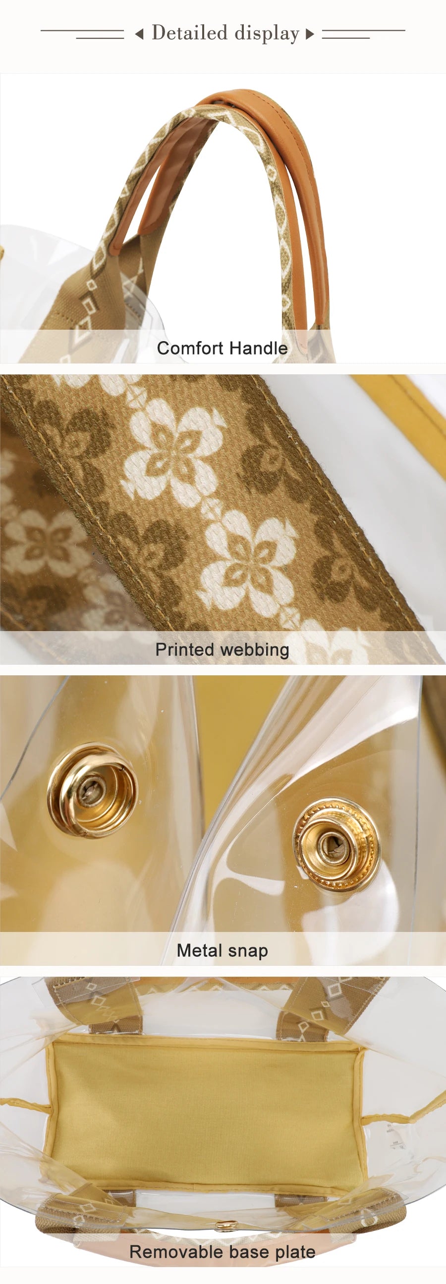 TINYAT Khaki Bohemian Style Clear PVC Tote Bag for Women, Transparent Shopper Clutch Purse for Daily Use and Music Festivals