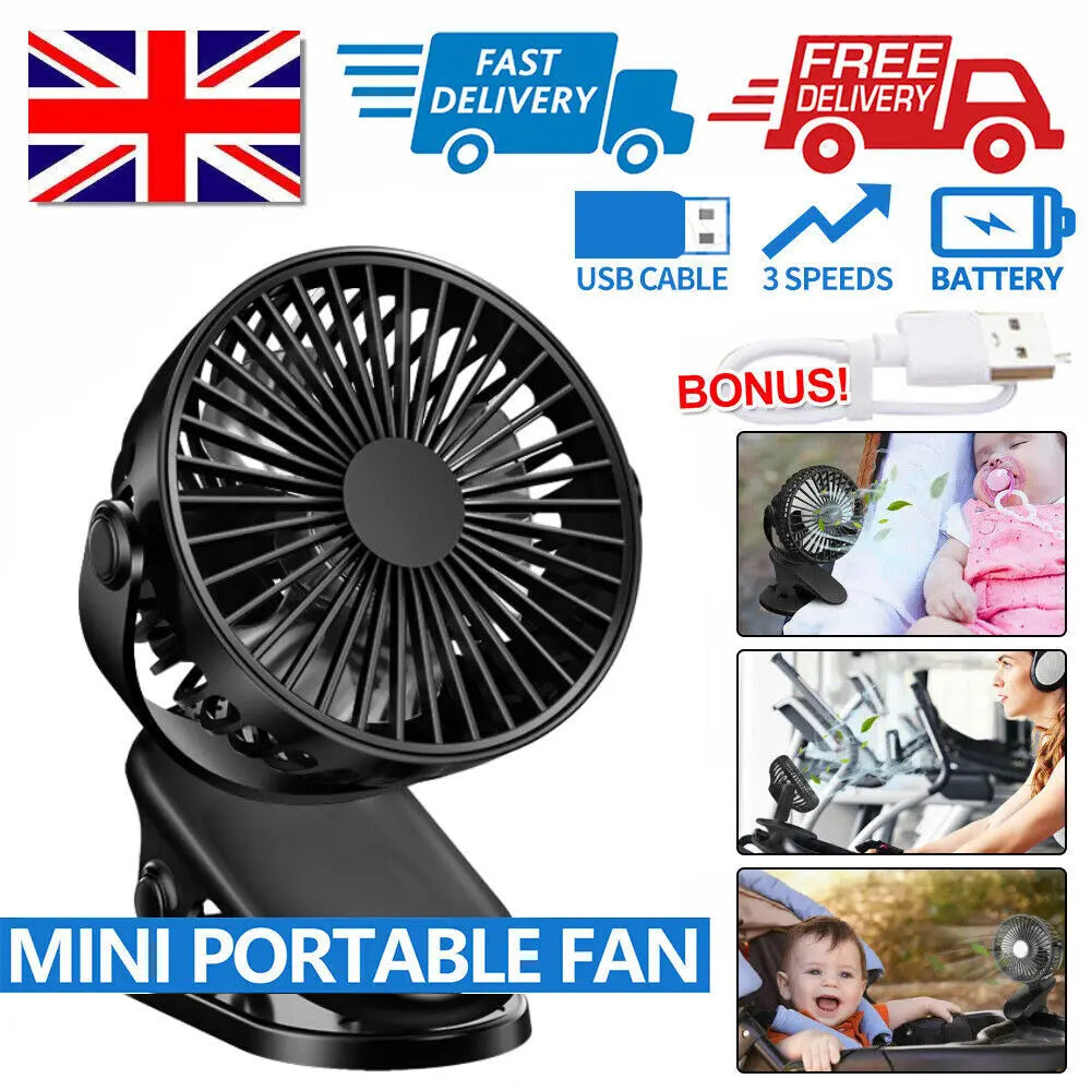 Clip On Fan USB Rechargeable Mini Coog Desk Baby Stroller Portable Handheld