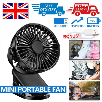 Clip On Fan USB Rechargeable Mini Coog Desk Baby Stroller Portable Handheld