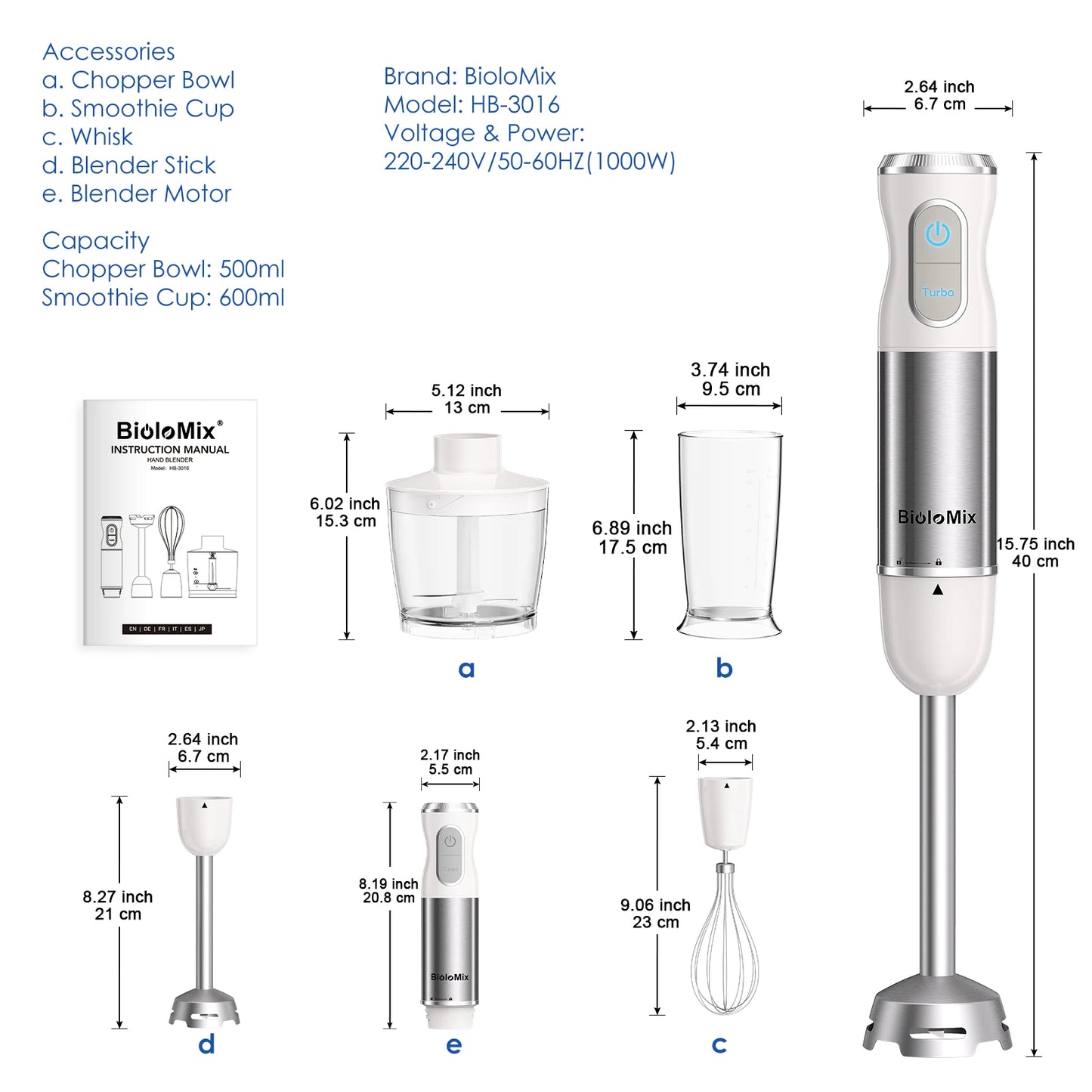 BioloMix 1000W 4-in-1 Immersion Hand Stick Blender Mixer Vegetable Meat Grinder 500ml Chopper Whisk 600ml Smoothie Cup