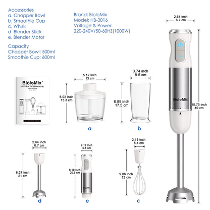 BioloMix 1000W 4-in-1 Immersion Hand Stick Blender Mixer Vegetable Meat Grinder 500ml Chopper Whisk 600ml Smoothie Cup