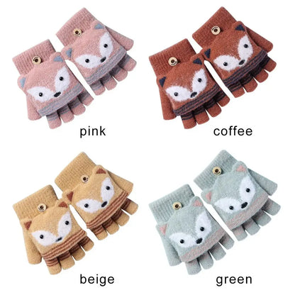 Flip Fingerless Gloves Autumn Winter Children Knitted Gloves Cute Cartoon Fox Warm Half-Finger Gloves