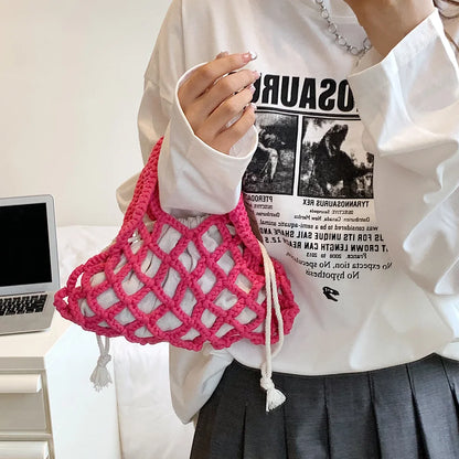 Summer Cotton Thread Woven Handbag Women Crochet Beach Bag Hollow Out Knitting Mini Top-Handle Bag Straw Mesh Boho Wristlet Bags