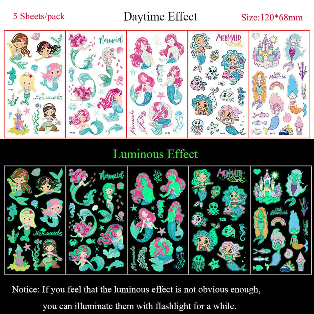 5 Sheets Luminous Tattoo Stickers Colorful Animal Mermaid Dinosaur Temporary Tattoos for Hand  Body Fake Tattoo Waterproof