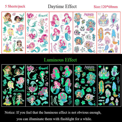 5 Sheets Luminous Tattoo Stickers Colorful Animal Mermaid Dinosaur Temporary Tattoos for Hand  Body Fake Tattoo Waterproof