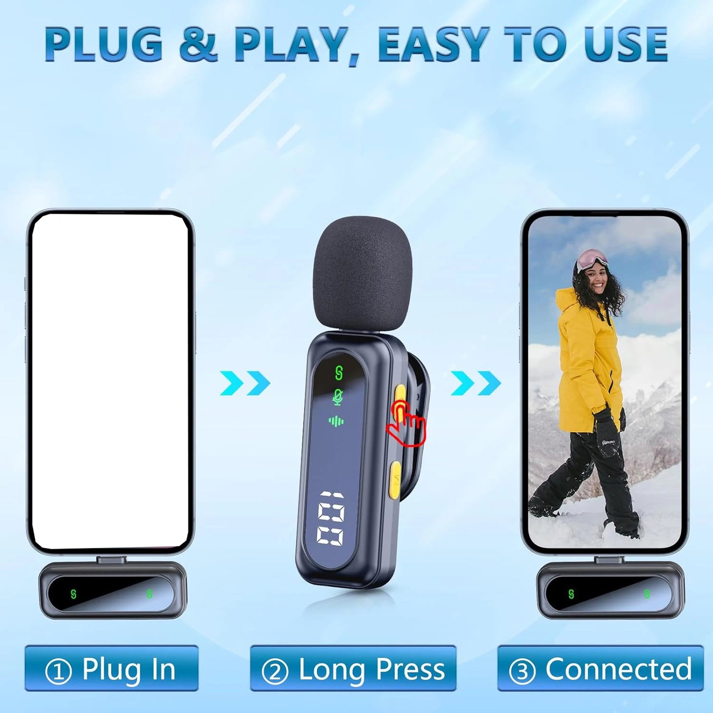 Professional Wireless Lavalier Microphone Plug and Play, with LED Power Display for Content Creators Recording, Live Streaming