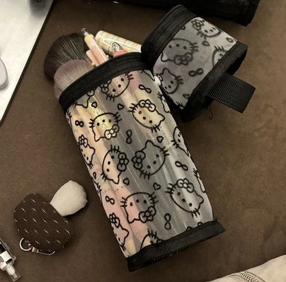Sanrio Mesh Hello Kitty Black and White Pencil Case Zero Wallet Headphone Bag Girl's Portable Makeup Brush Storage Bag Gift