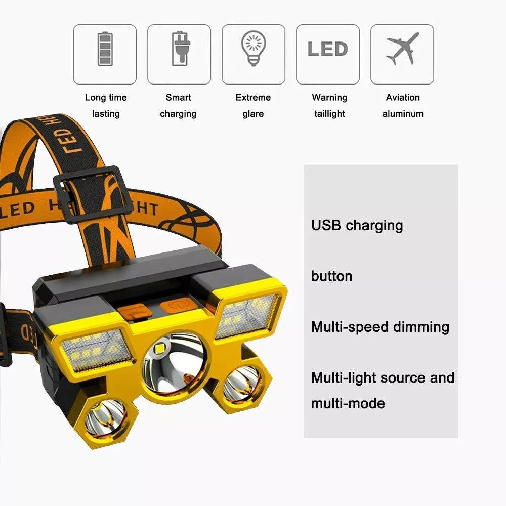 Super Bright 5 LED Head Flashlight USB Rechargeable HeadLamp Outdoor Powerful Waterproof Camping Fishing Adventure Head Lantern