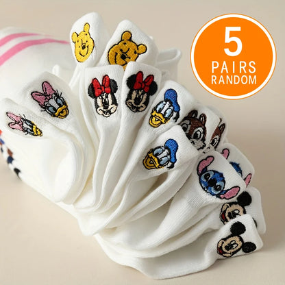 5 Pairs Spring/Summer Women's Fashion Disney Sweet and Cute Cartoon Anime Embroidered Mickey Mouse Pattern Versatile Ear Socks