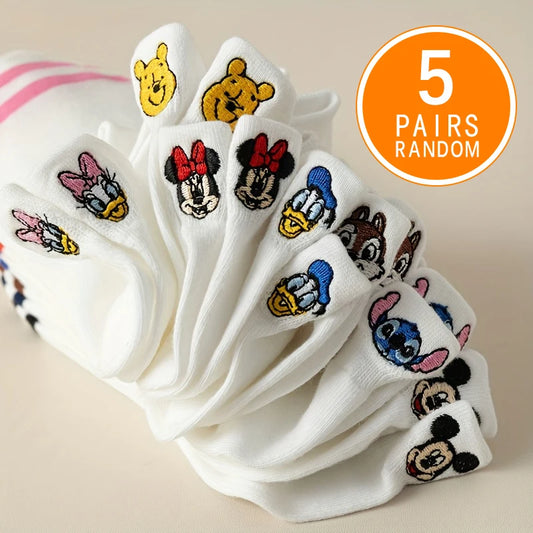 5 Pairs Spring/Summer Women's Fashion Disney Sweet and Cute Cartoon Anime Embroidered Mickey Mouse Pattern Versatile Ear Socks