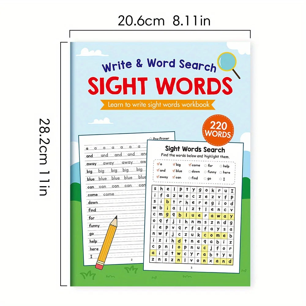 220 Sight Words Learning Workbook with Answer Key Educational Handwriting Sight Words Search Games for Age 3+ School Supplies