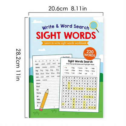 220 Sight Words Learning Workbook with Answer Key Educational Handwriting Sight Words Search Games for Age 3+ School Supplies