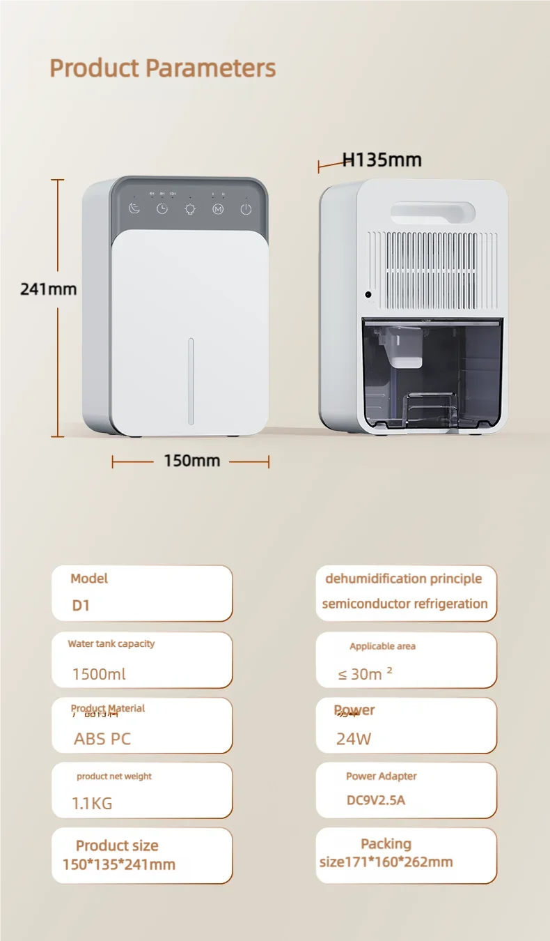 Intelligent timing air dehumidifier 1.5L, air dryer for home bedroom office kitchen deodorization and defrosting EU/US plug