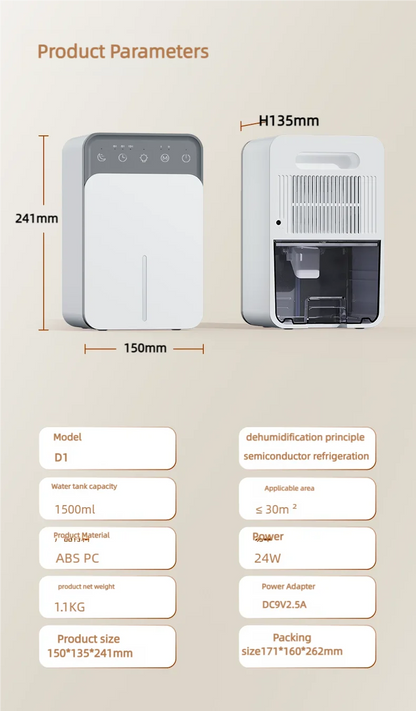 Intelligent timing air dehumidifier 1.5L, air dryer for home bedroom office kitchen deodorization and defrosting EU/US plug