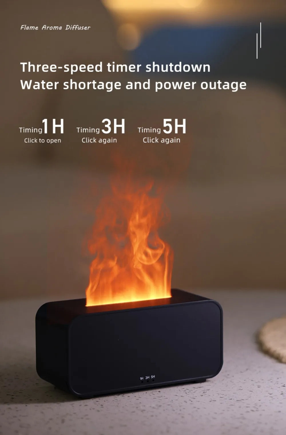 Luftbefeuchter mit Flammen-Aromatherapie-Diffusor, der ätherische Öle in 7 Farben aufnehmen kann, mit Timer und USB-Anschluss für den Schreibtisch.