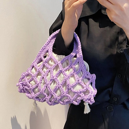 Summer Cotton Thread Woven Handbag Women Crochet Beach Bag Hollow Out Knitting Mini Top-Handle Bag Straw Mesh Boho Wristlet Bags