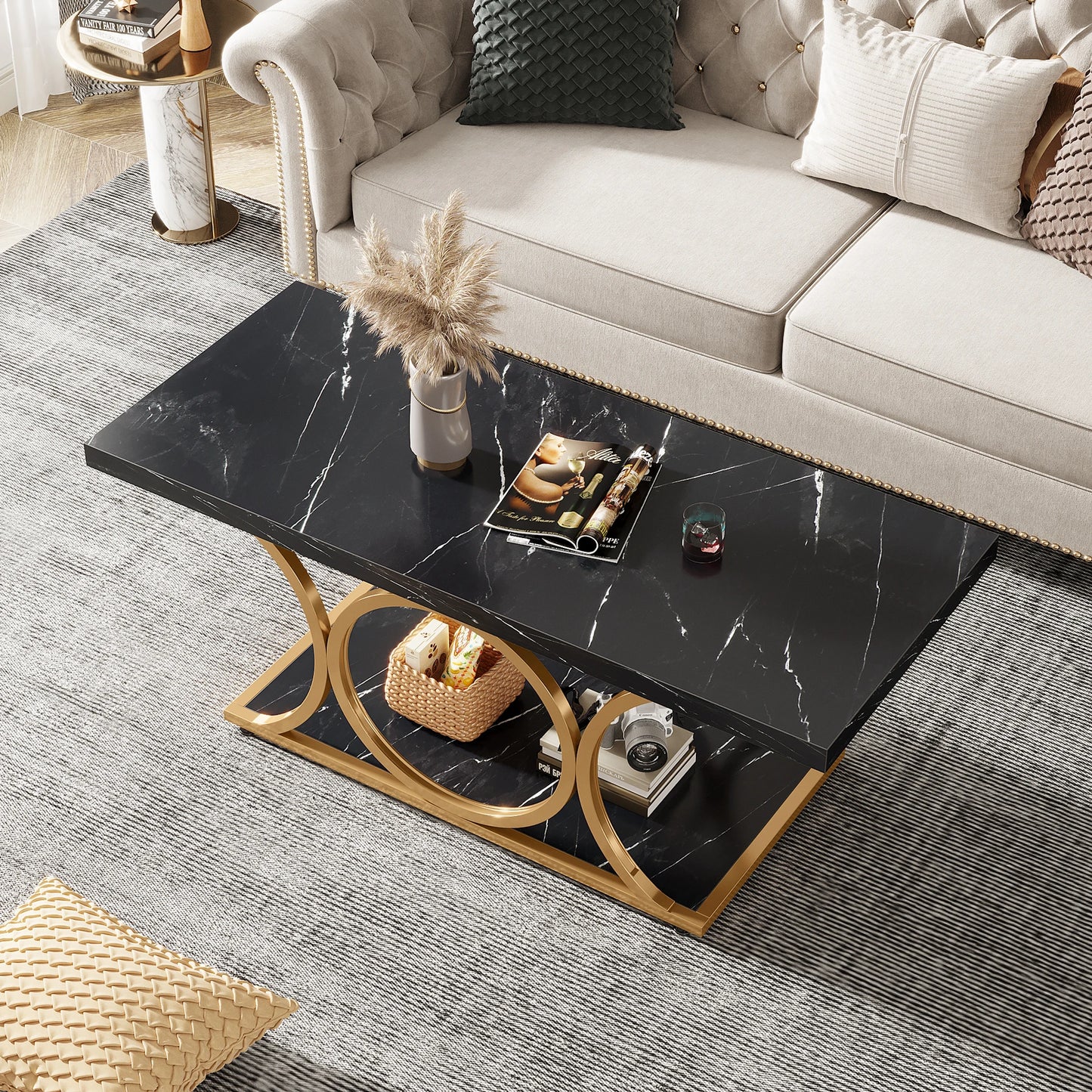 Tribesigns Rectangle Coffee Table, 47.24-inch Modern Coffee Tables for Living Room, 2-Tier Faux Marble Wood Coffee Table