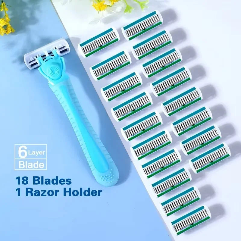 1Handle+18Blade Women's Manual Safety Razor 6Layer Stainless Steel Shaving/Hair Removal Blade Replaceable blade