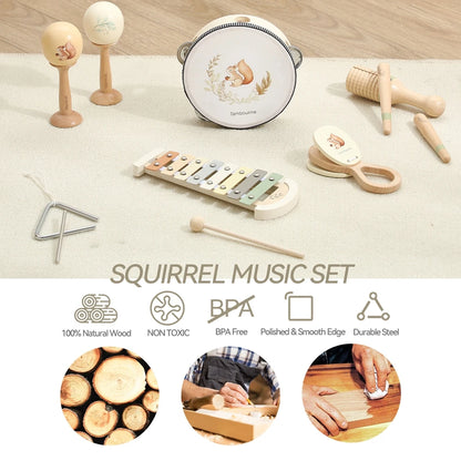 Music Toys Baby Wooden Montessori Toys Children Music Instrument Squirrel Maracas Drum Xylophone Early Education Sensor Toys Set
