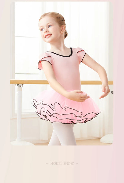 Girls Pink Ballet Leotard with Tutu Short Sleeve Dance Bodysuit for Toddler Girls Cotton Ballerina Wear