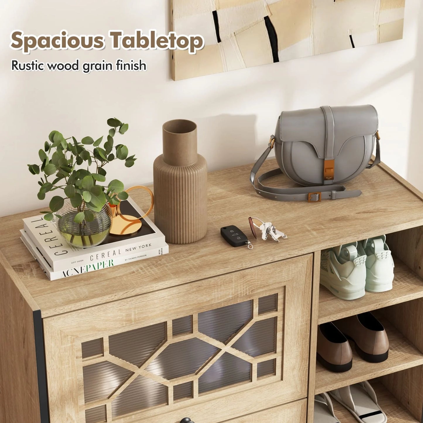 GOFLAME Shoe Storage Cabinet Freestanding Shoe Organizer w/ Flip Doors-Oak