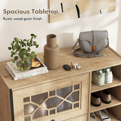 GOFLAME Shoe Storage Cabinet Freestanding Shoe Organizer w/ Flip Doors-Oak