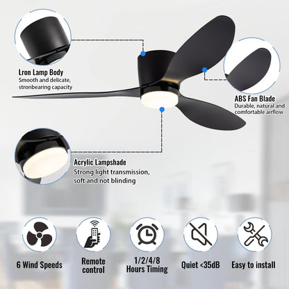 IRALAN Moderner LED-Deckenventilator ohne Licht, DC-Motor, 6 Geschwindigkeitsstufen, für niedrige Räume, Lofts, Fernbedienung; Lux&amp;vitae Ventilator mit Licht