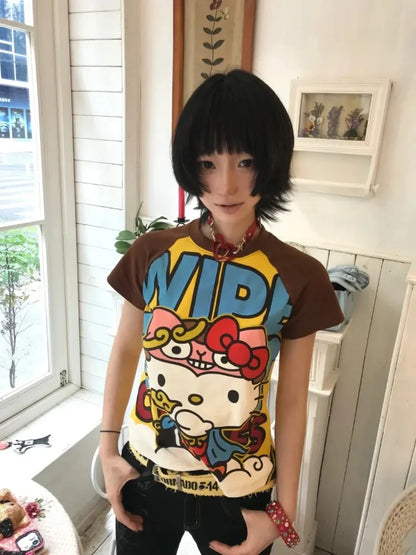 Y2K Sanrio Hello Kitty New Anime Fashion Short Tops Summer Cute Tees Cartoon Printed High Street Gothic Short Hottie T-shirts