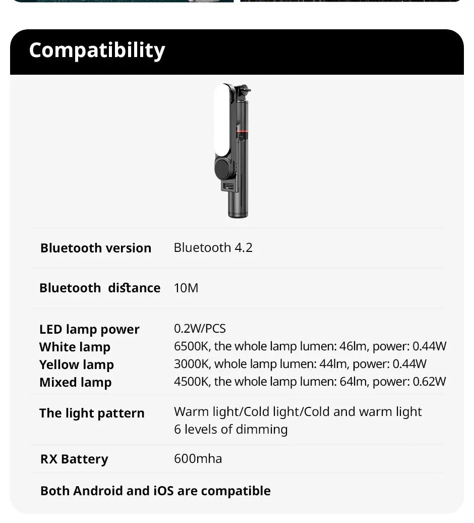 Selfie Stick with Fill Light Tripod with Bluetooth Remote Shutter Retractable Rod for iPhone Xiaomi Huawei for Phone Video Live