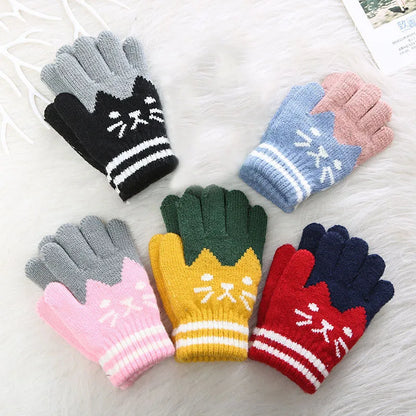 Cute Cartoon Kids Knitted Gloves Thick Fleece Children Five Finger Mittens 4-10Year Boys Girls Winter Hand Warmer Fashion Gloves