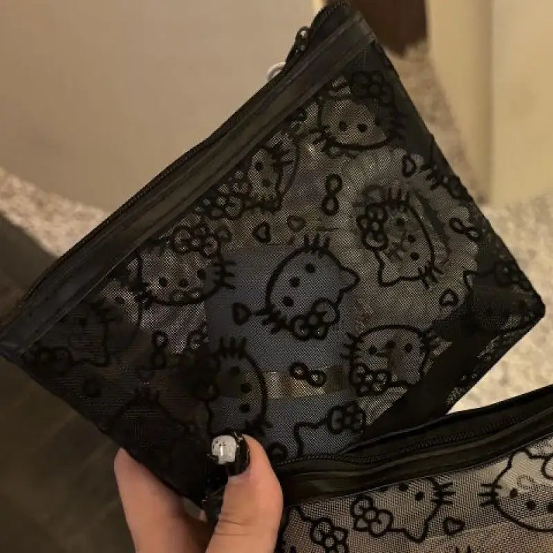 Sanrio Mesh Hello Kitty Black and White Pencil Case Zero Wallet Headphone Bag Girl's Portable Makeup Brush Storage Bag Gift