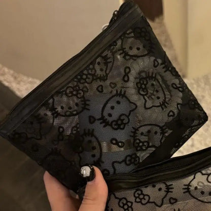 Sanrio Mesh Hello Kitty Black and White Pencil Case Zero Wallet Headphone Bag Girl's Portable Makeup Brush Storage Bag Gift