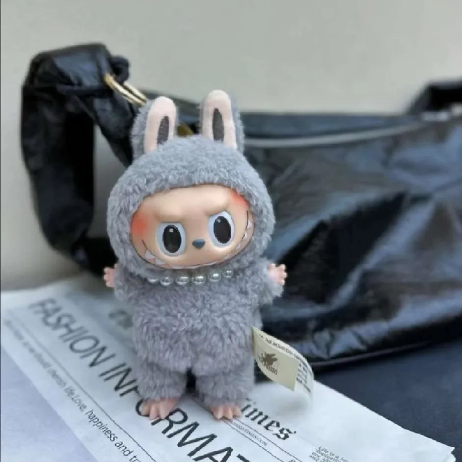 17cm Labubu Macaron Sitting Party Ornament DIY Cute Cartoon Plush Pendant Pearl Necklace Chain Alloy Accessory