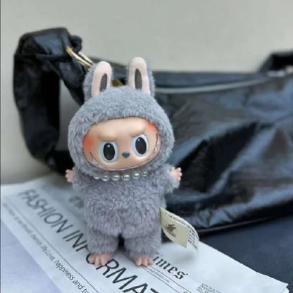 17cm Labubu Macaron Sitting Party Ornament DIY Cute Cartoon Plush Pendant Pearl Necklace Chain Alloy Accessory