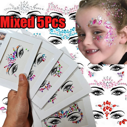 5Pcs/lot Mixed Shinying Girl Nail Glitter Face Stickers Rhinestone 3D Colorful Random Nail Face Crystal DIY Makeup Face/Body Dia