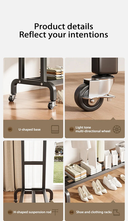 Movable Coat Rack With Universal Wheels Multifunctional Double-deck Simple Clothes Hanger Floor-Standing Bedroom Wardrobe
