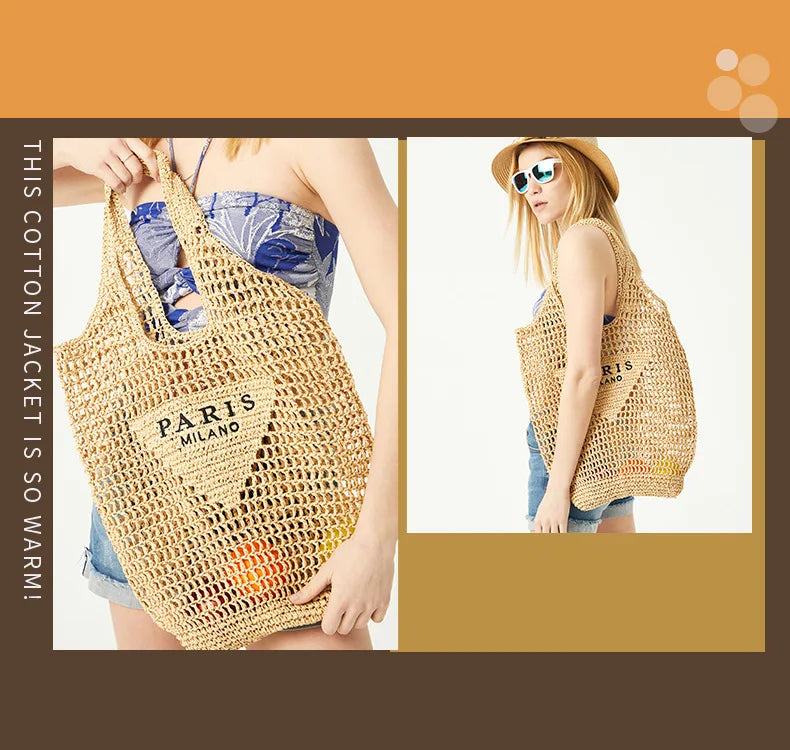 Casual Hollow Straw Women Shoulder Bags Designer Letters Handbags Paper Woven Large Tote Bag Handmade Summer Beach Purses 2024