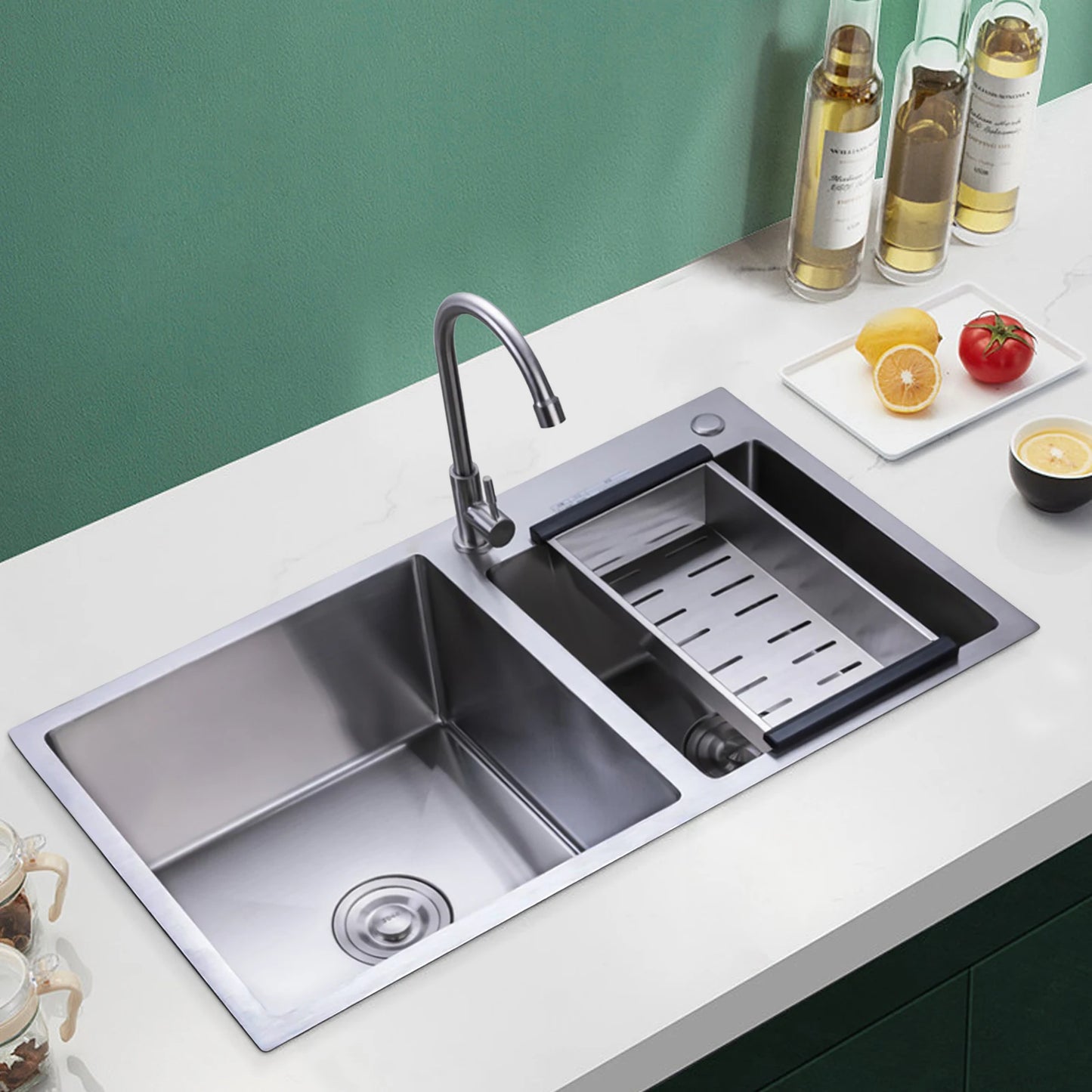 Kitchen Sink Stainless Steel Double Bowl Anti Corrosion Soundproof with Draining Basket and Sewer