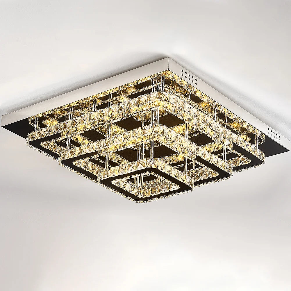 KOMORE Square Multiple-size Glamourous Crystal LED Ceiling Light, Cool White / Stepless Dimming for Office, Living Room, Bedroom
