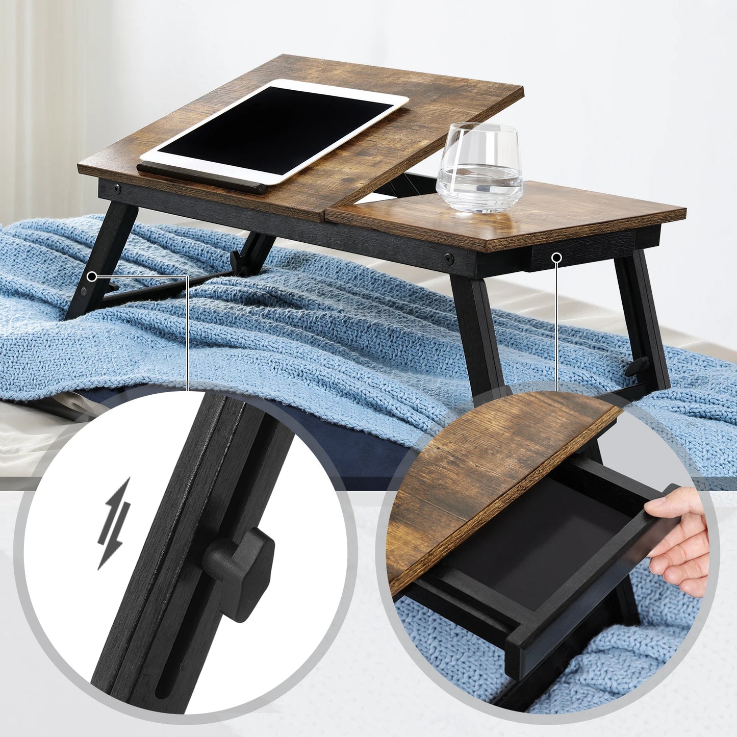SONGMICS Laptop Desk for Bed or Sofa with Adjustable Tilting Top, Breakfast Serving Tray with Height Adjustable Folding Legs