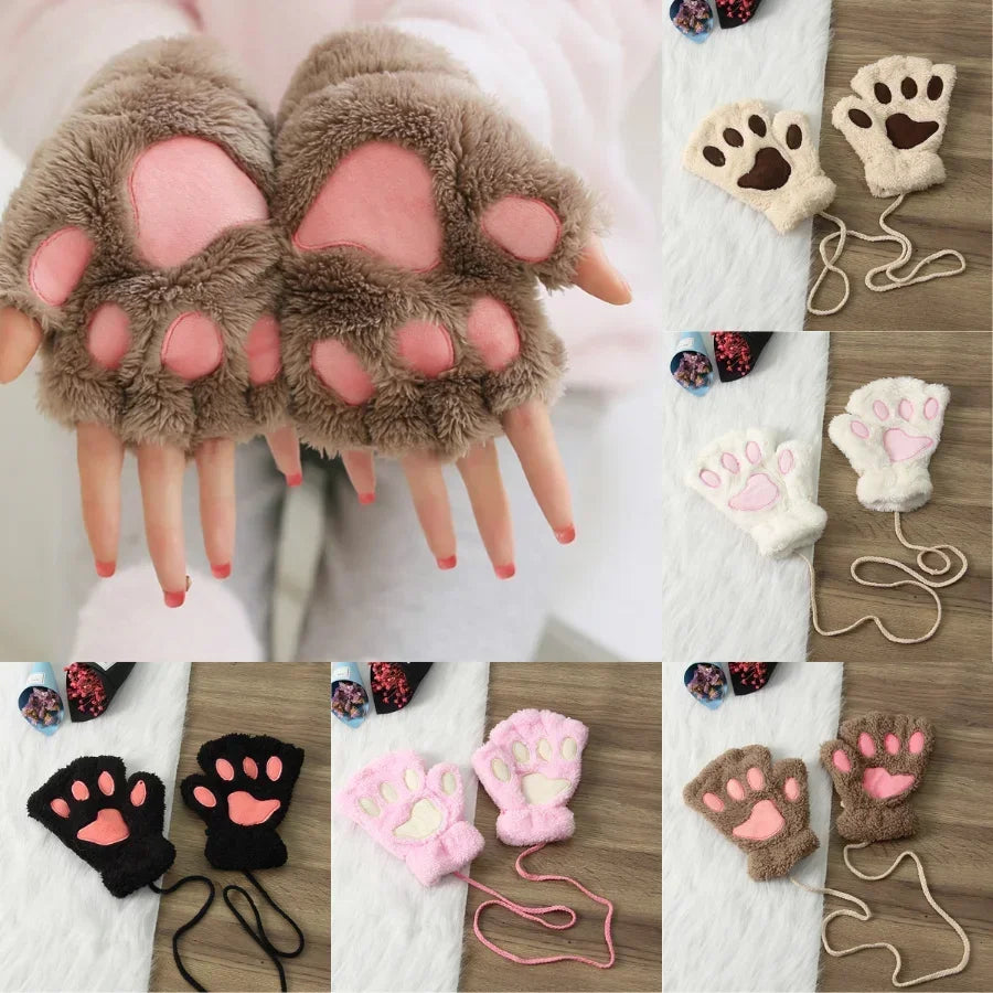 Kids Cat Paw Gloves - Kawaii Half-Finger Mittens for Children