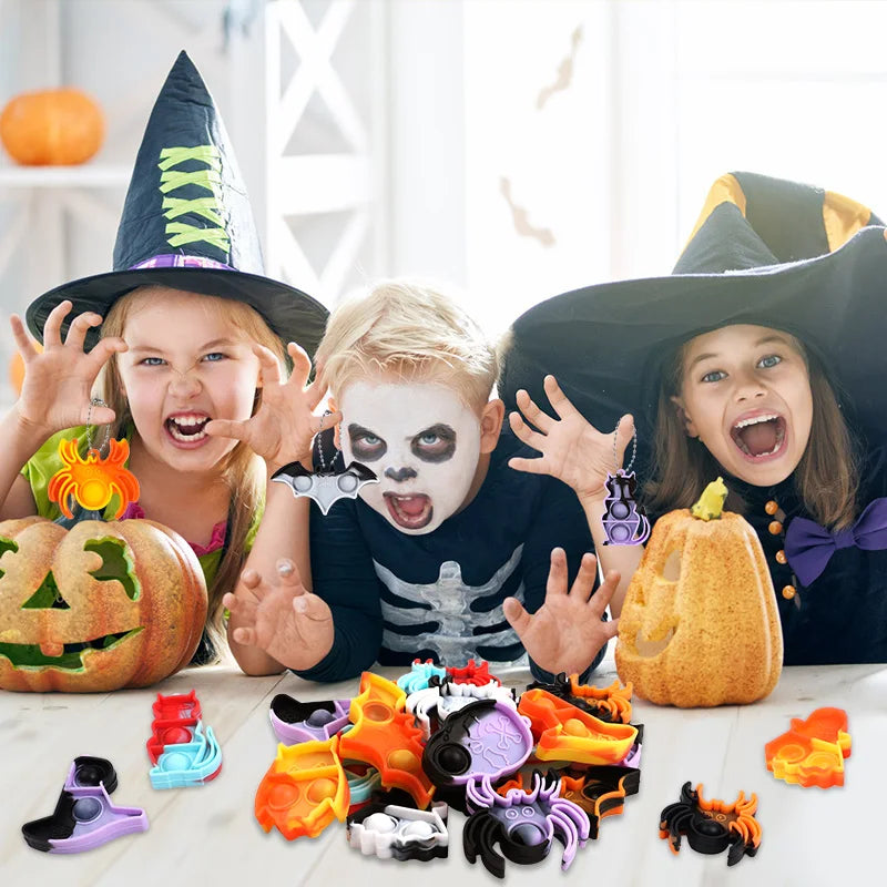 Halloween Fidget Toys Keychain - Mini Pop Pumpkin Spider Party Favors for Kids & Adults (10/20/30 Pack)