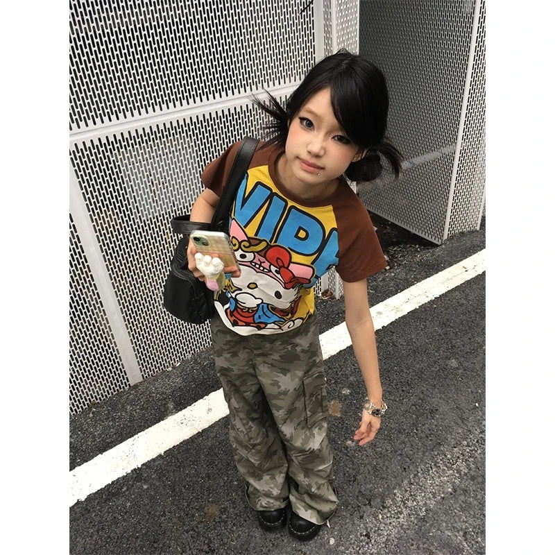 Sanrio Hello Kitty New Anime Fashion Short Tops Y2k Summer Cute Tees Cartoon Printed High Street Gothic Short Sleeve T-shirts